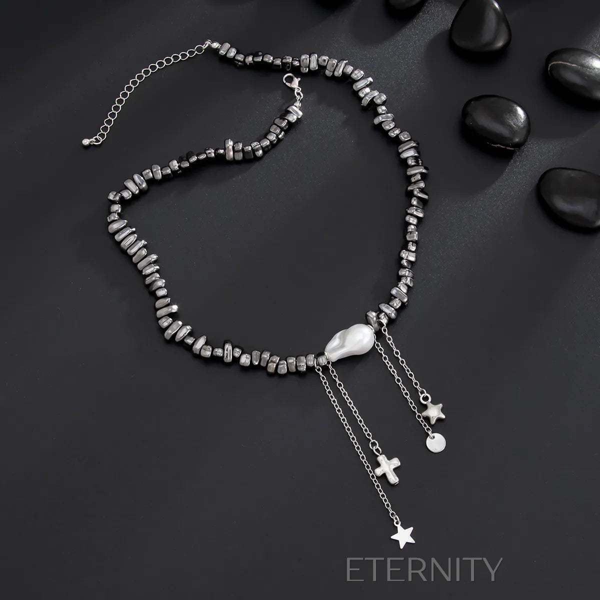 Collar Hematite Soul Perla y Dijes  Cadenas Plateado Unica Acero Inoxidable  ETERNITY