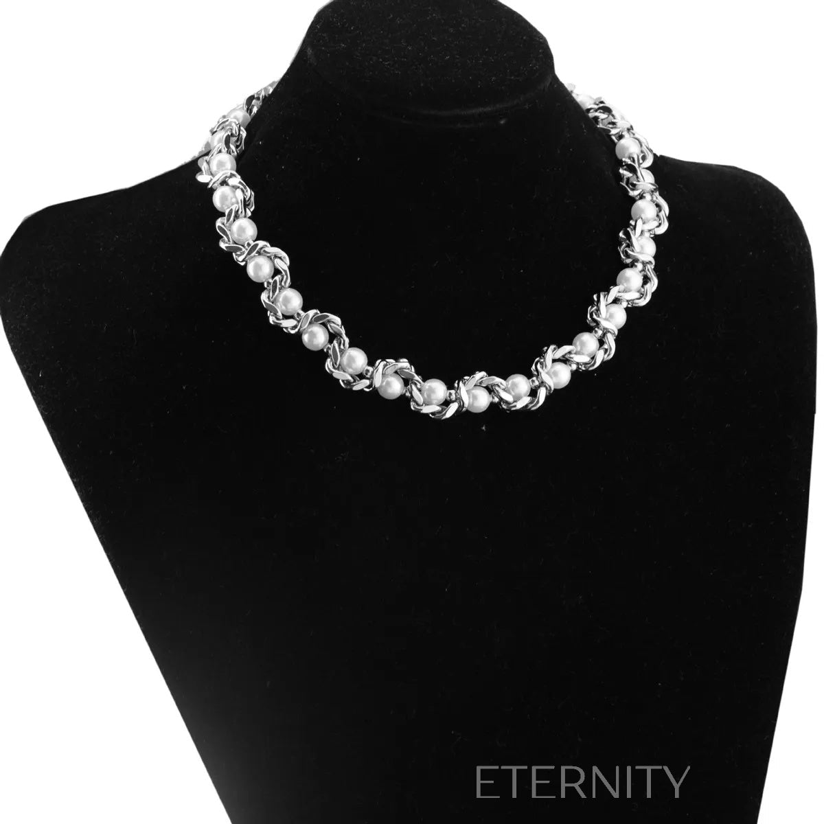 Collar Choker de Eslabones Entrelazados con Perlas  Cadenas Plateado Unica Acero Inoxidable  ETERNITY