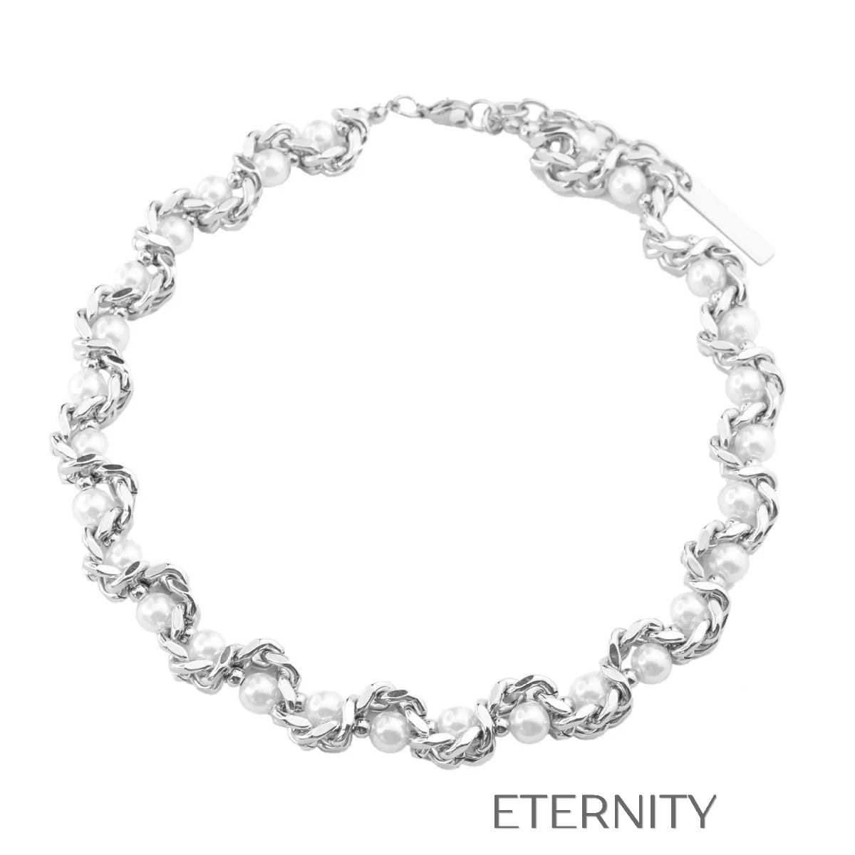 Collar Choker de Eslabones Entrelazados con Perlas  Cadenas Plateado Unica Acero Inoxidable  ETERNITY