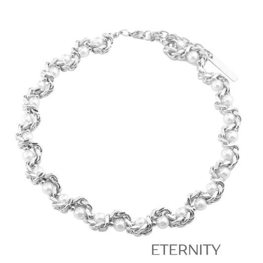 Collar Choker de Eslabones Entrelazados con Perlas  Cadenas Plateado Unica Acero Inoxidable  ETERNITY