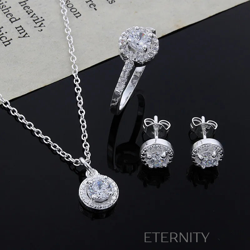 Set de Joyería de Plata con Cristales Solitarios  Set Plateado Unica Acero Inoxidable  ETERNITY
