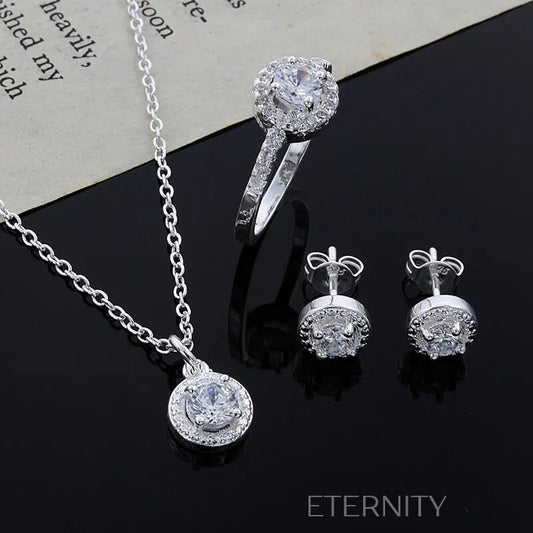 Set de Joyería de Plata con Cristales Solitarios  Set Plateado Unica Acero Inoxidable  ETERNITY