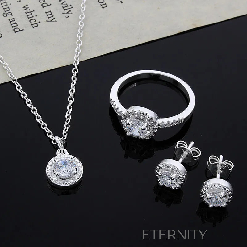 Set de Joyería de Plata con Cristales Solitarios  Set Plateado Unica Acero Inoxidable  ETERNITY