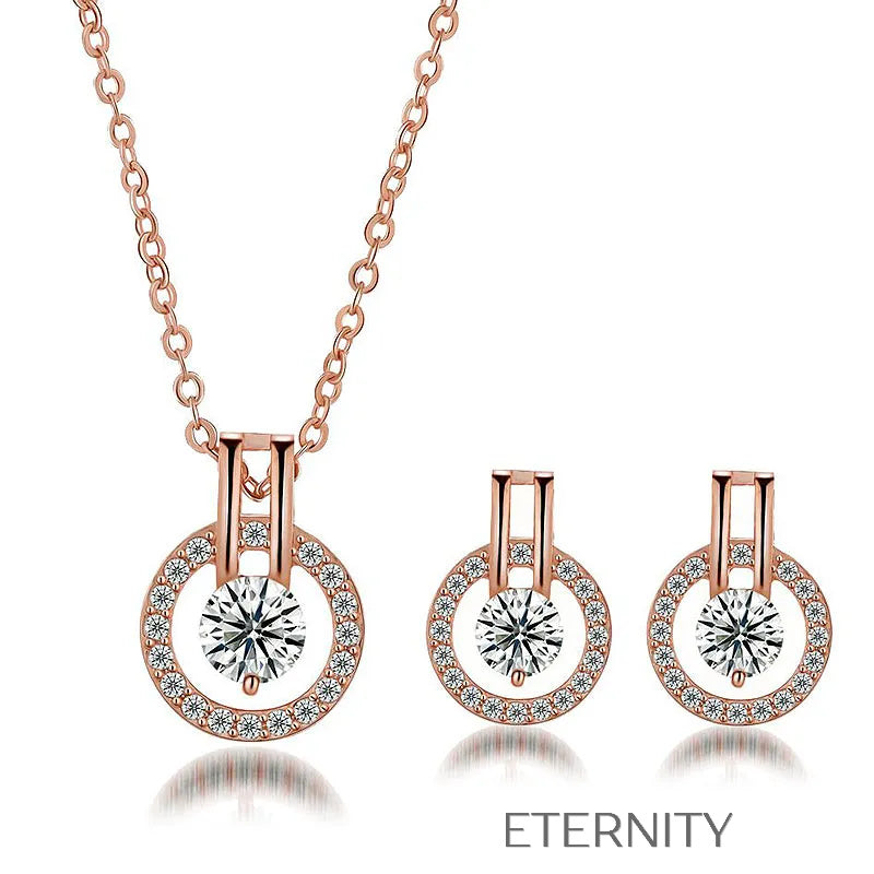Set Halo Crystal de Collar y Zarcillos  Set Plateado Unica Acero Inoxidable  ETERNITY