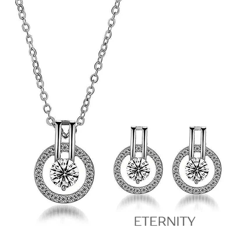 Set Halo Crystal de Collar y Zarcillos  Set Plateado Unica Acero Inoxidable  ETERNITY