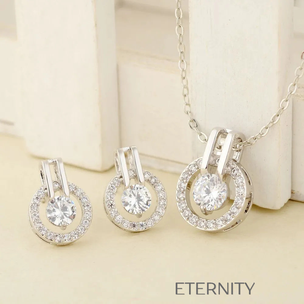 Set Halo Crystal de Collar y Zarcillos  Set Plateado Unica Acero Inoxidable  ETERNITY