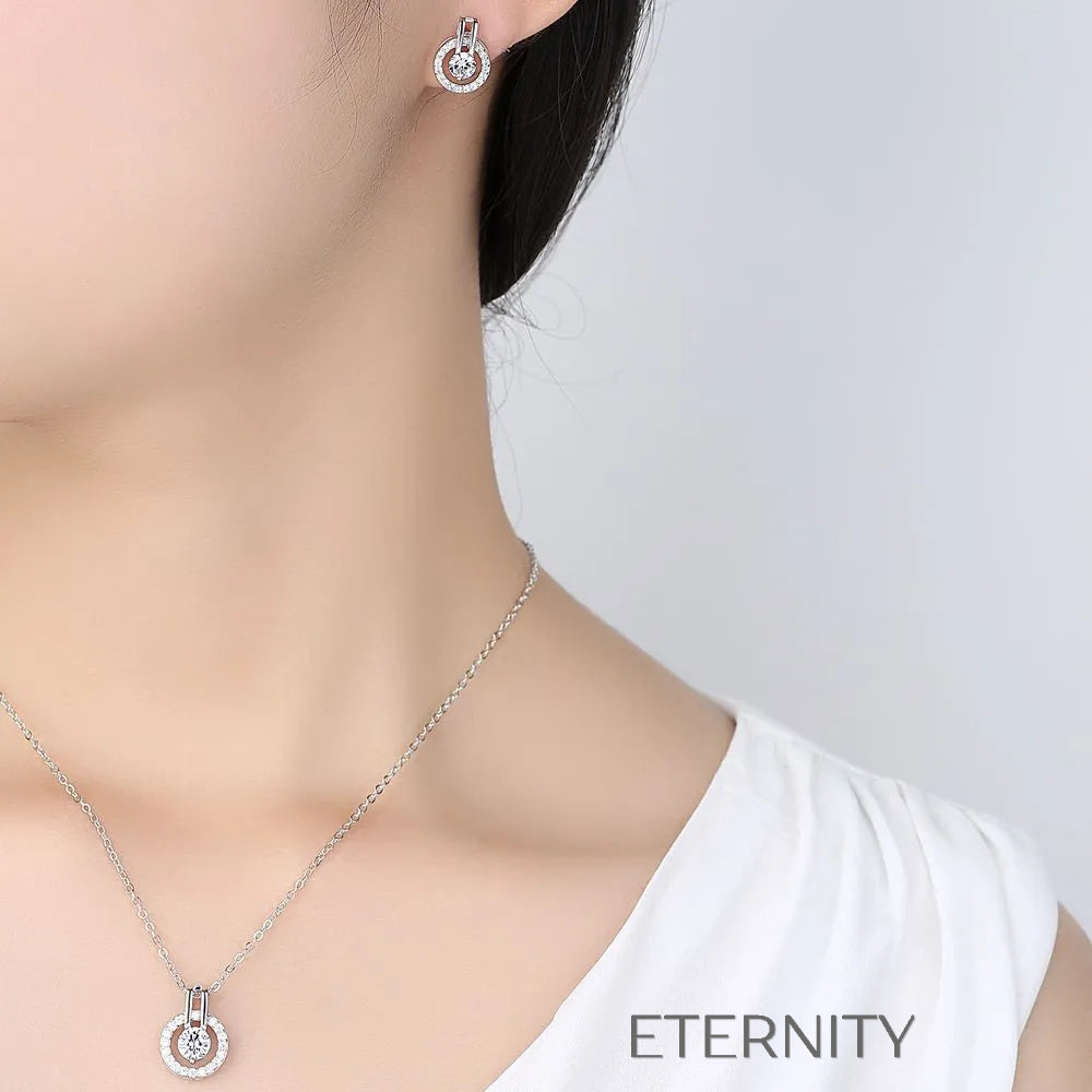 Set Halo Crystal de Collar y Zarcillos  Set Plateado Unica Acero Inoxidable  ETERNITY