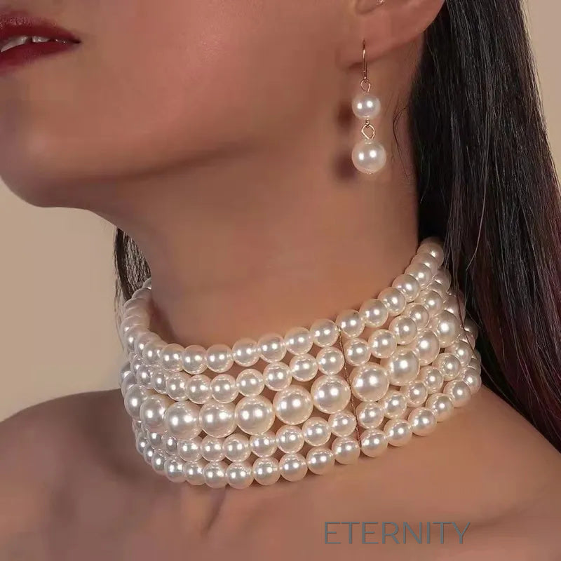 Set de Collar Choker y Zarcillos Radiant Majesty de Perlas  Set Perla Unica Acero Inoxidable  ETERNITY