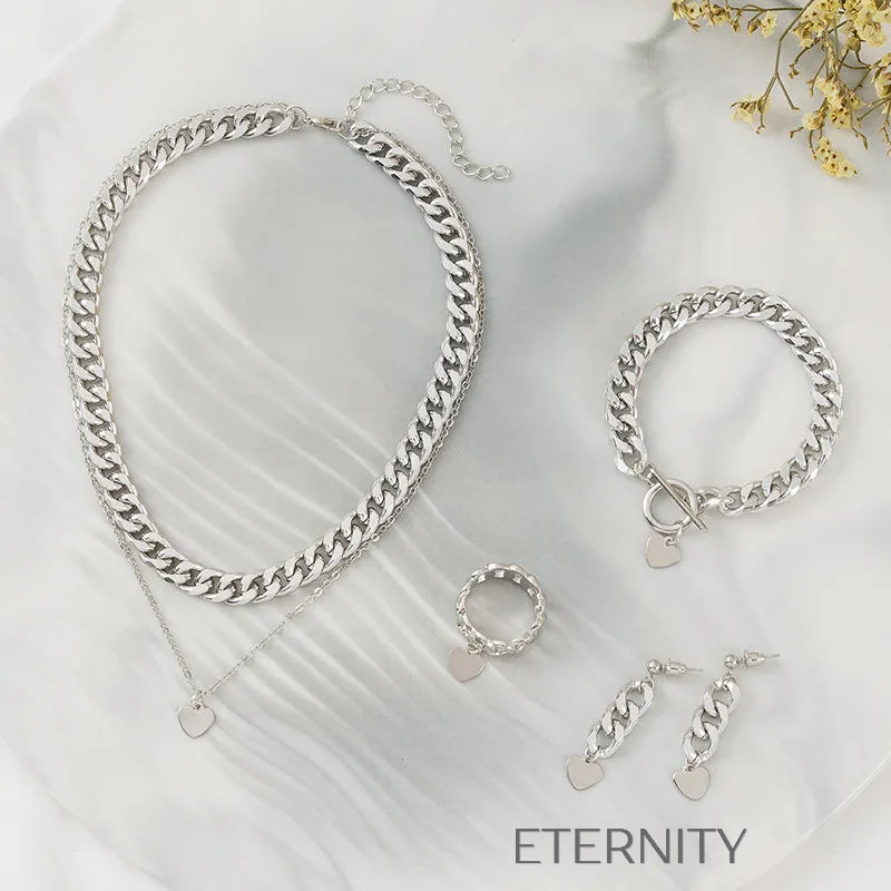 Set de Joyas Eslabones y Corazones Plata  Set Plateado Unica Acero Inoxidable  ETERNITY