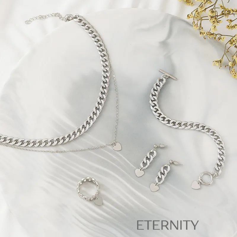Set de Joyas Eslabones y Corazones Plata  Set Plateado Unica Acero Inoxidable  ETERNITY