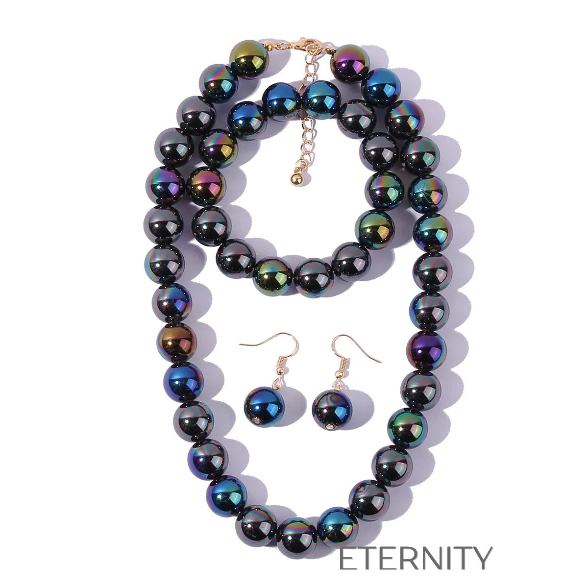 Conjunto de Collar Pulsera y Zarcillos de Perlas Iridiscentes  Set Negro Unica Acero Inoxidable  ETERNITY