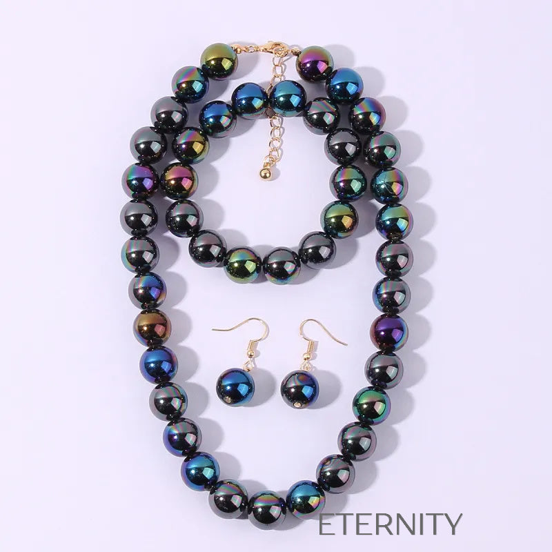 Conjunto de Collar Pulsera y Zarcillos de Perlas Iridiscentes  Set Negro Unica Acero Inoxidable  ETERNITY