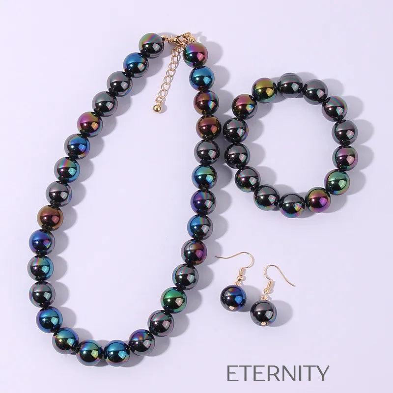 Conjunto de Collar Pulsera y Zarcillos de Perlas Iridiscentes  Set Negro Unica Acero Inoxidable  ETERNITY