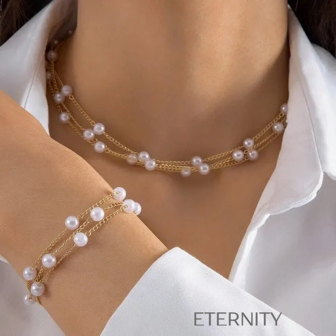 Conjunto Pearly Cascade de Collar y Pulsera Multicapa con Perlas en Oro  Set Dorado Unica Acero Inoxidable  ETERNITY