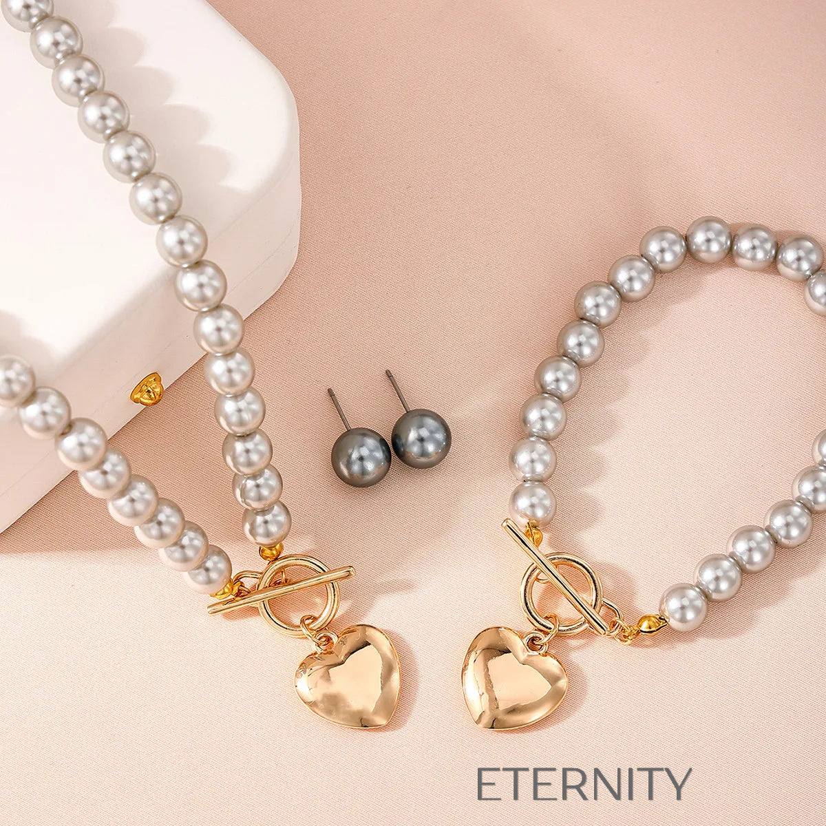 Set Nacre Heart de Perlas Grises y Oro  Set Perla Unica Acero Inoxidable  ETERNITY