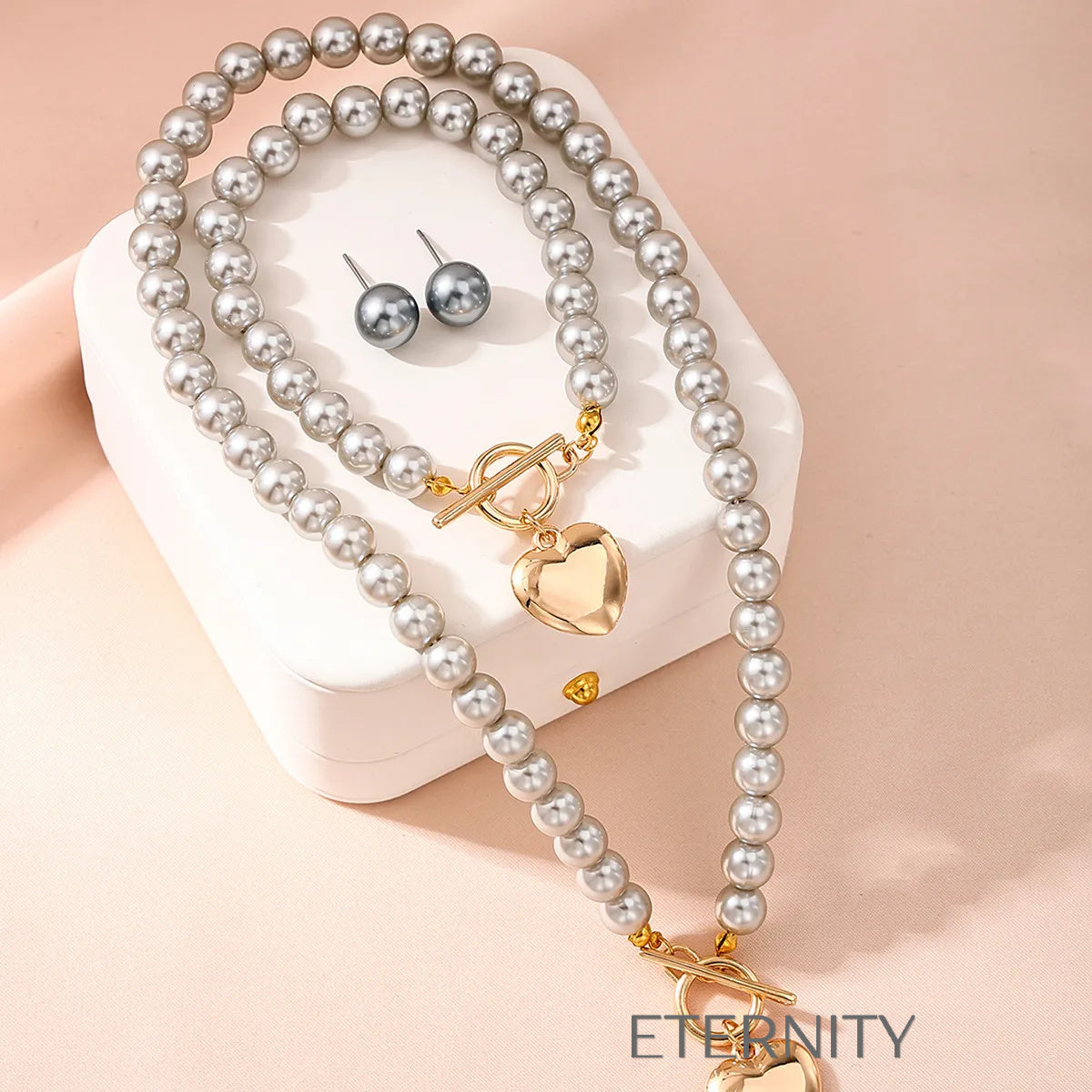Set Nacre Heart de Perlas Grises y Oro  Set Perla Unica Acero Inoxidable  ETERNITY