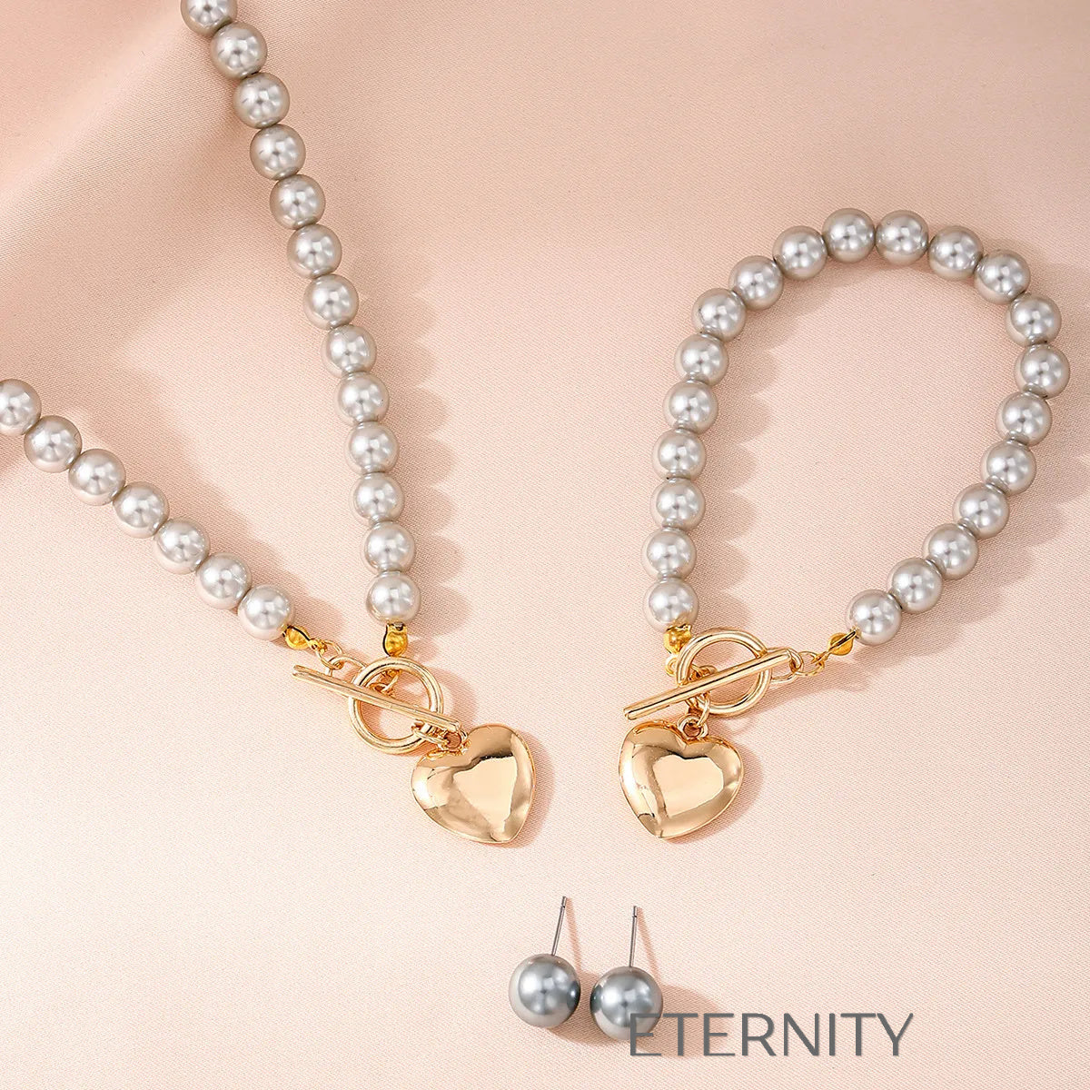 Set Nacre Heart de Perlas Grises y Oro  Set Perla Unica Acero Inoxidable  ETERNITY