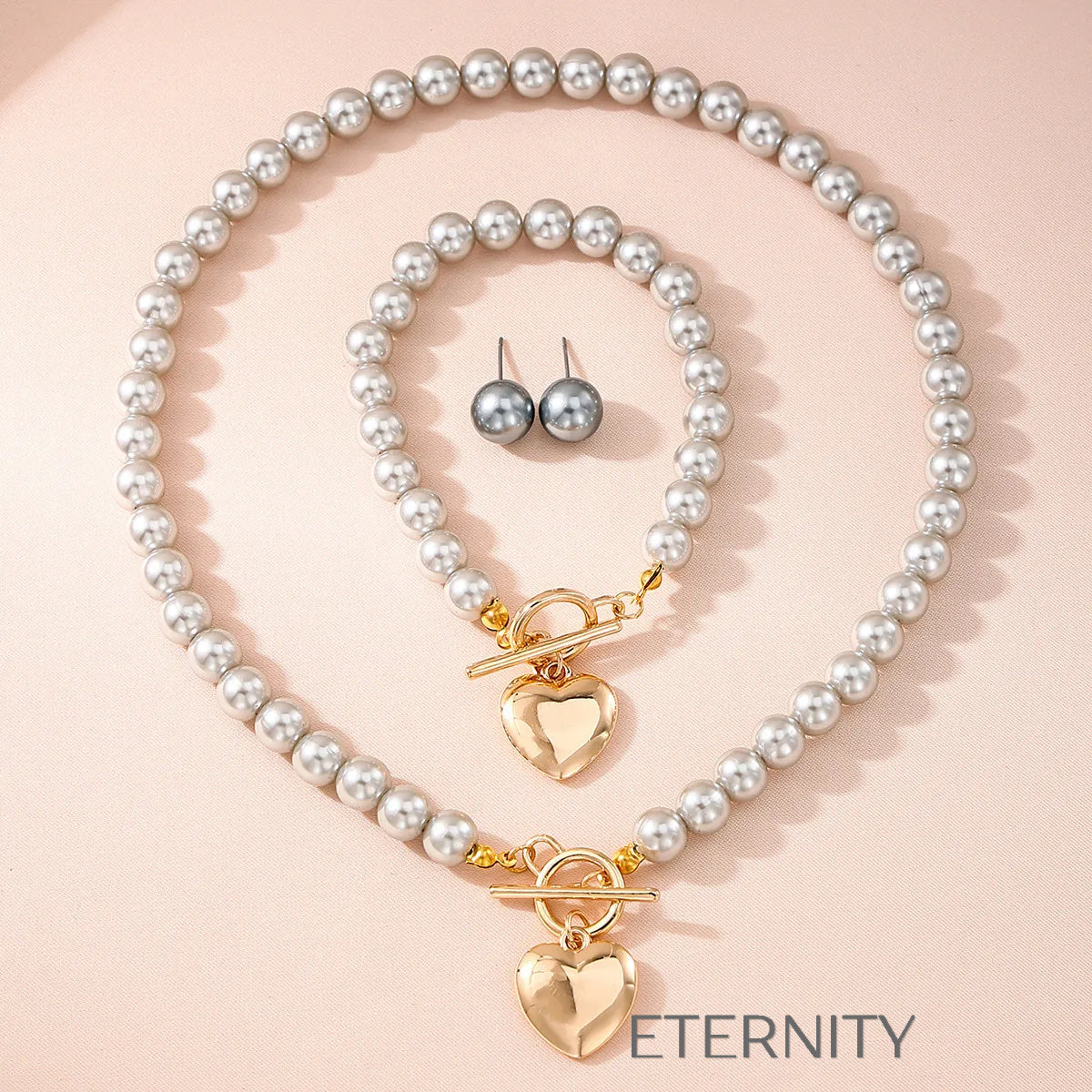 Set Nacre Heart de Perlas Grises y Oro  Set Perla Unica Acero Inoxidable  ETERNITY