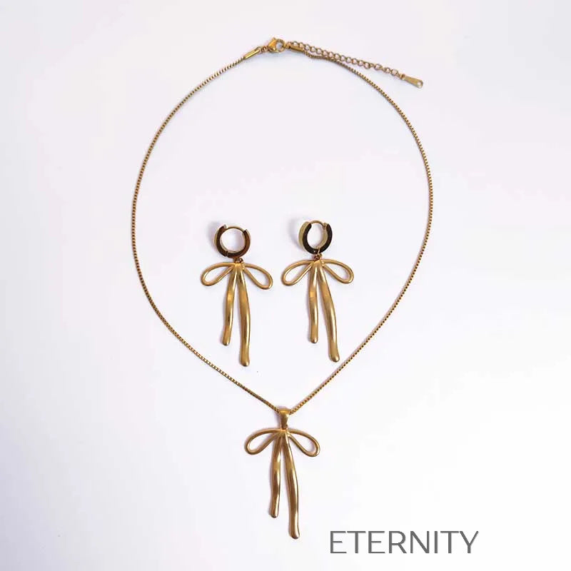 Set de collar y aretes con diseño de lazo elegante Set Dorado Unica Acero Inoxidable  ETERNITY