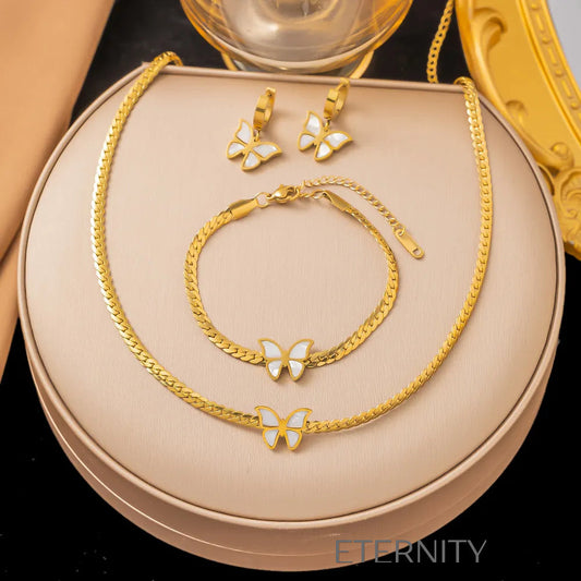 Set de Joyería Butterfly Pearl con Cadena de Eslabones Planos y Nácar  Set Dorado Unica Acero Inoxidable  ETERNITY