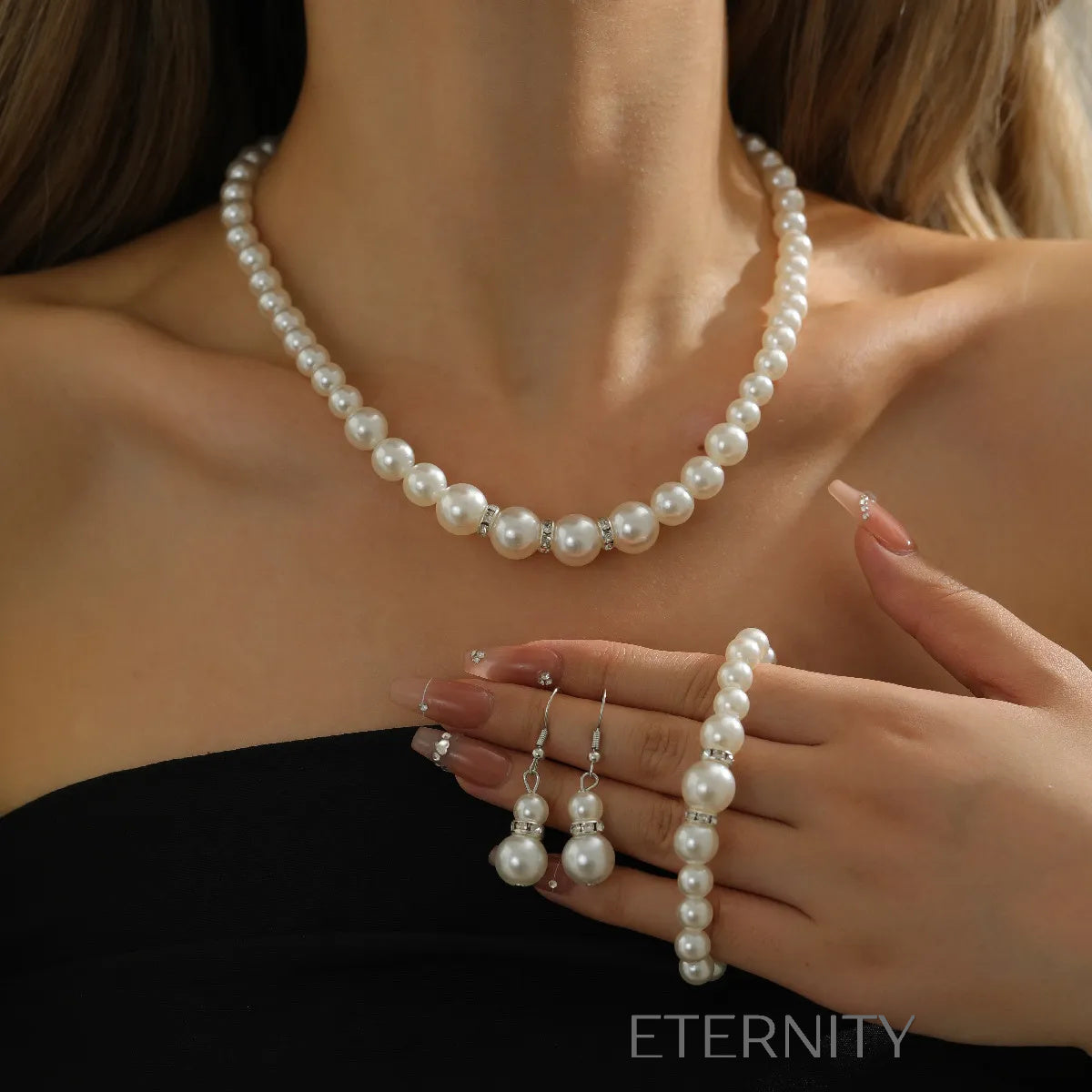 Set de Joyería de Perlas con Detalles de Circones  Set Perla Unica Acero Inoxidable  ETERNITY