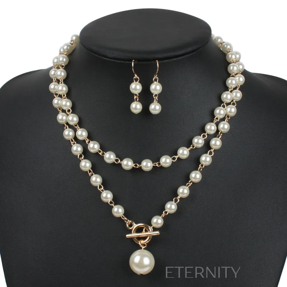 Conjunto de Collar Doble y Zarcillos de Perlas con Cierre T Bar  Set Beige Unica Acero Inoxidable  ETERNITY