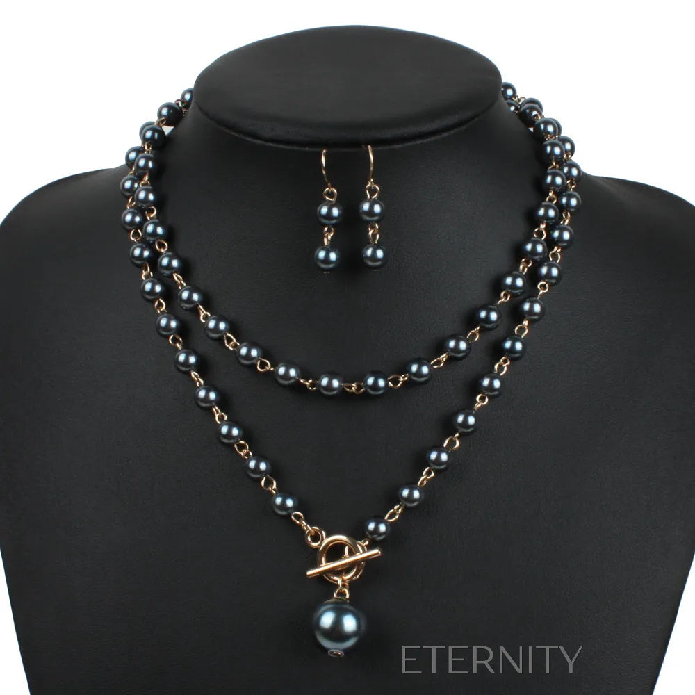 Conjunto de Collar Doble y Zarcillos de Perlas con Cierre T Bar  Set Beige Unica Acero Inoxidable  ETERNITY