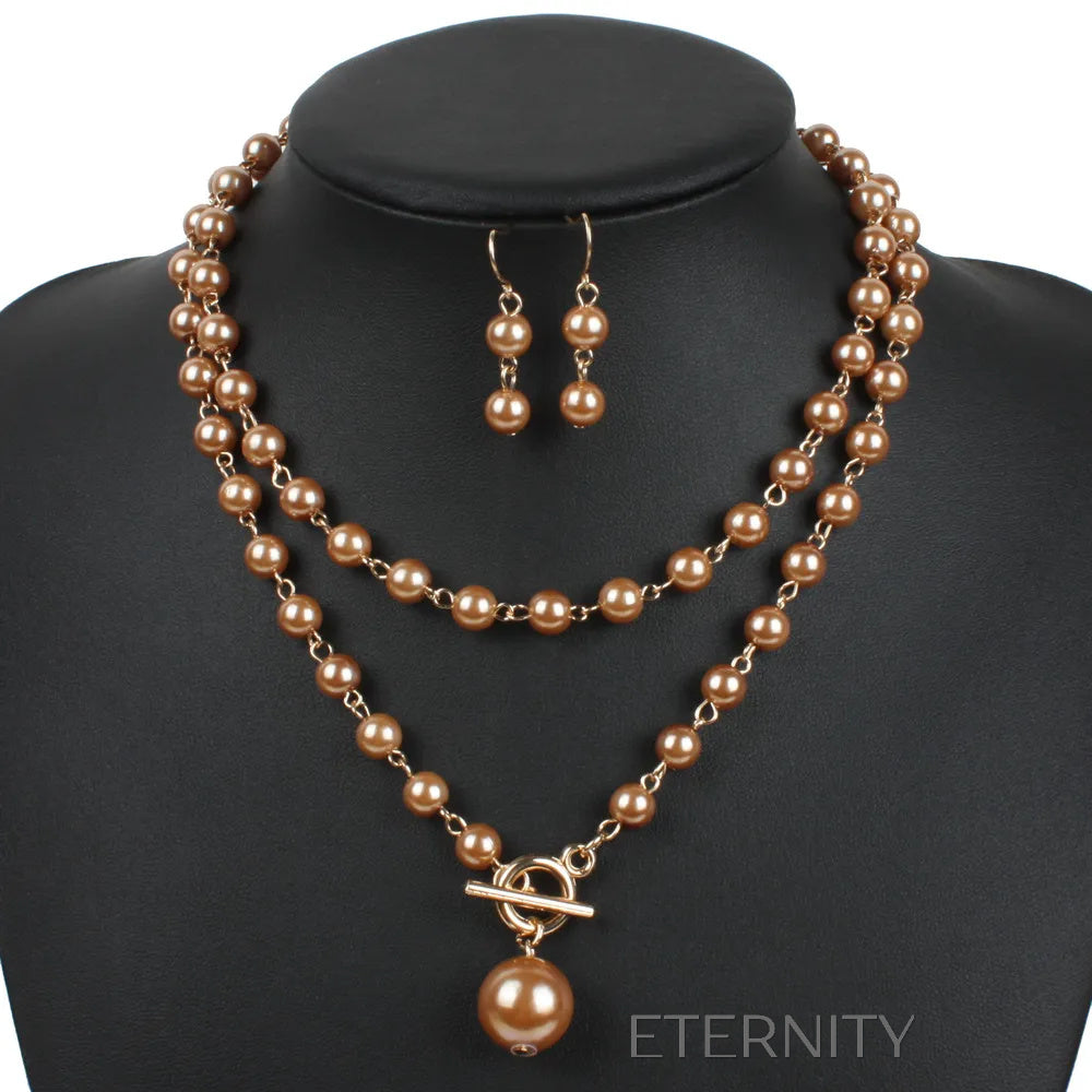 Conjunto de Collar Doble y Zarcillos de Perlas con Cierre T Bar  Set Beige Unica Acero Inoxidable  ETERNITY