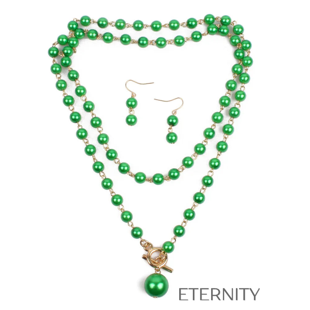 Conjunto de Collar Doble y Zarcillos de Perlas con Cierre T Bar  Set Beige Unica Acero Inoxidable  ETERNITY