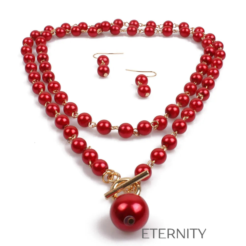 Conjunto de Collar Doble y Zarcillos de Perlas con Cierre T Bar  Set Beige Unica Acero Inoxidable  ETERNITY