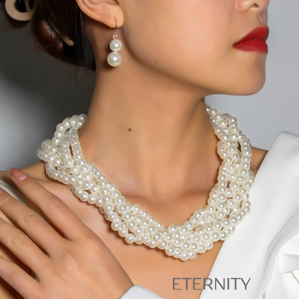 Set Bridal Pearl Gargantilla Trenzada y Zarcillos  Set Perla Unica Acero Inoxidable  ETERNITY