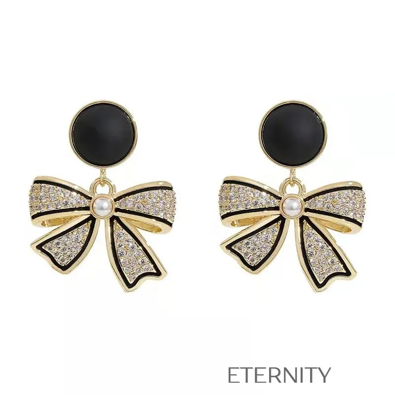 Zarcillos Colgantes de Lazo Coquette con Cristales y Perla  Zarcillos Negro Unica Acero Inoxidable  ETERNITY