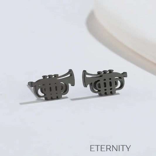 Zarcillos de Trompeta Minimalistas en Oro Plata y Negro  Zarcillos Negro Unica Acero Inoxidable  ETERNITY