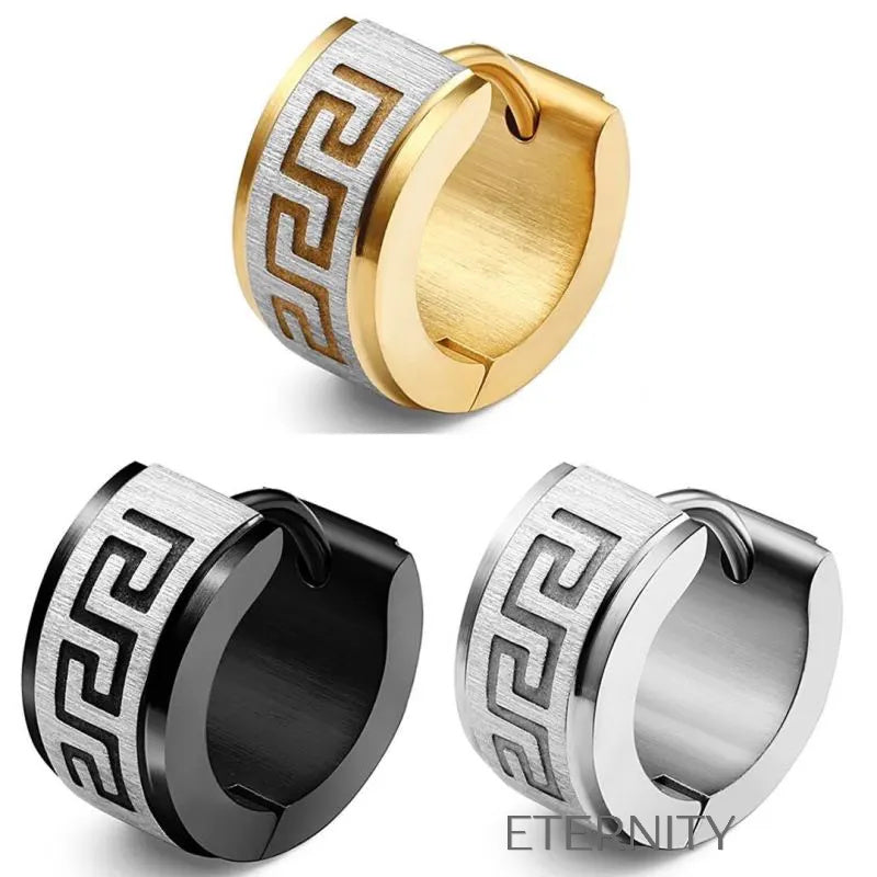 Zarcillos Grecian Key Huggies Grabados  Zarcillos Negro Unica Acero Inoxidable  ETERNITY