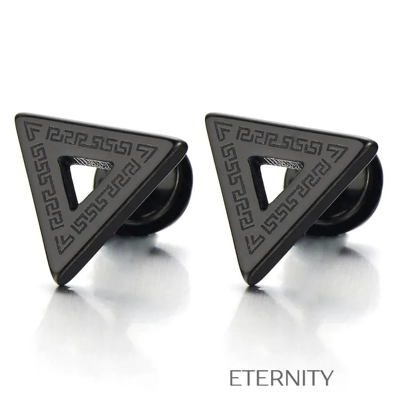 Zarcillos de Botón Geometric Maze con Grabado de Greca y Diseño Triangular  Zarcillos Negro Unica Acero Inoxidable  ETERNITY