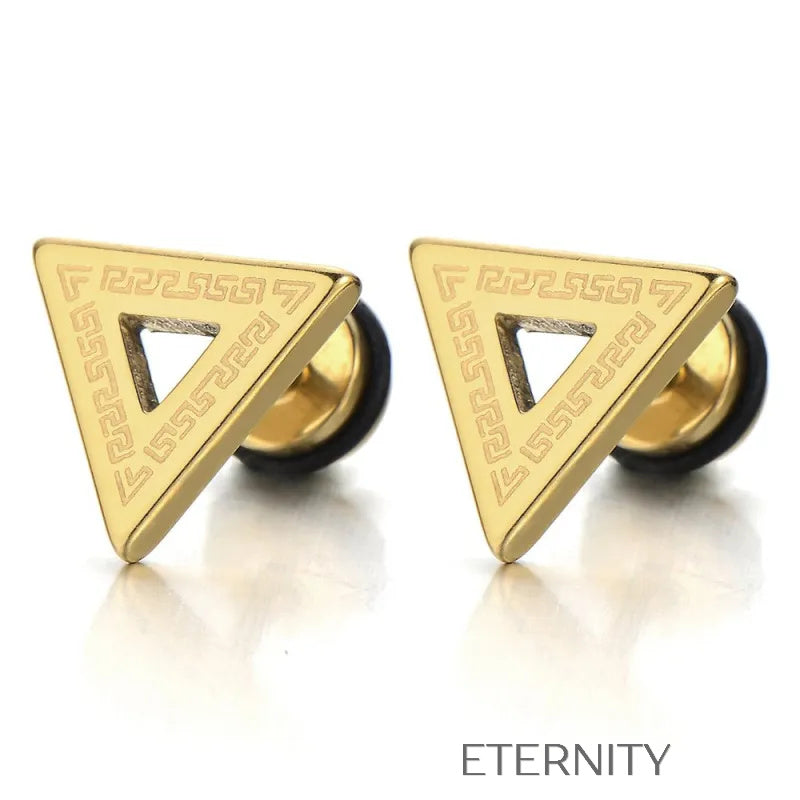Zarcillos de Botón Geometric Maze con Grabado de Greca y Diseño Triangular  Zarcillos Negro Unica Acero Inoxidable  ETERNITY