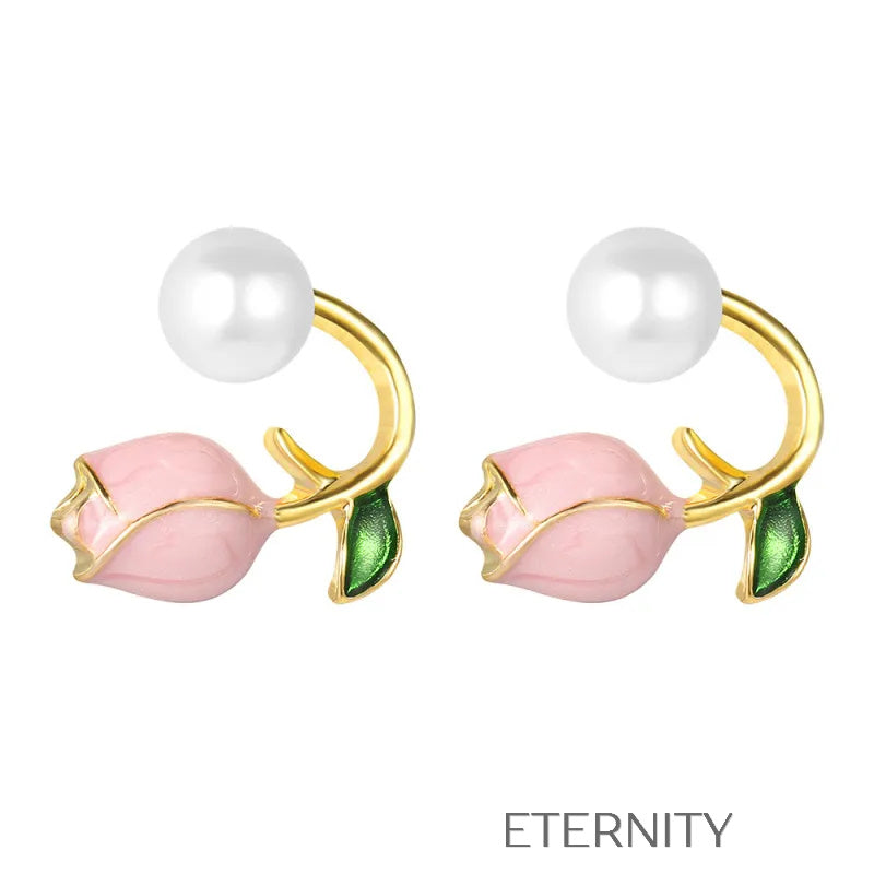 Zarcillos Pink Tulip con Perla y Detalles en Oro  Zarcillos Dorado Unica Acero Inoxidable  ETERNITY