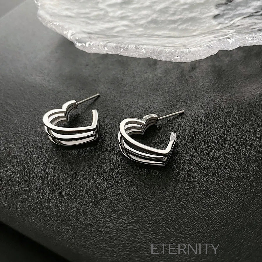Zarcillos de Aro Abierto Triple Heart en Oro y Plata  Zarcillos Plateado Unica Acero Inoxidable  ETERNITY