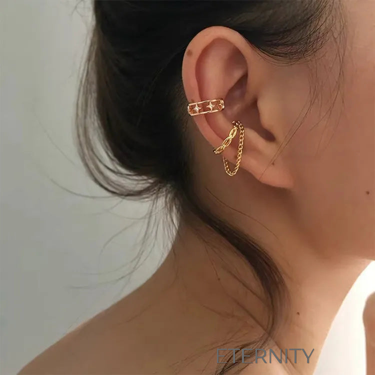 Earcuffs Estrellas y Cadenas  Zarcillos Dorado Unica Acero Inoxidable  ETERNITY