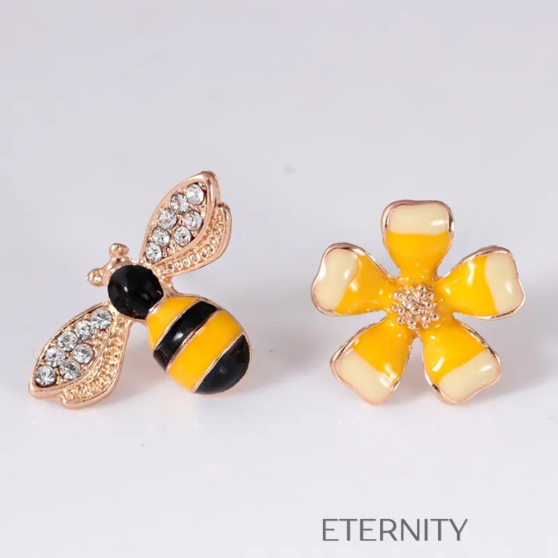 Zarcillos Asimétricos Sweet Garden Abeja y Flor  Zarcillos Amarillo Unica Acero Inoxidable  ETERNITY