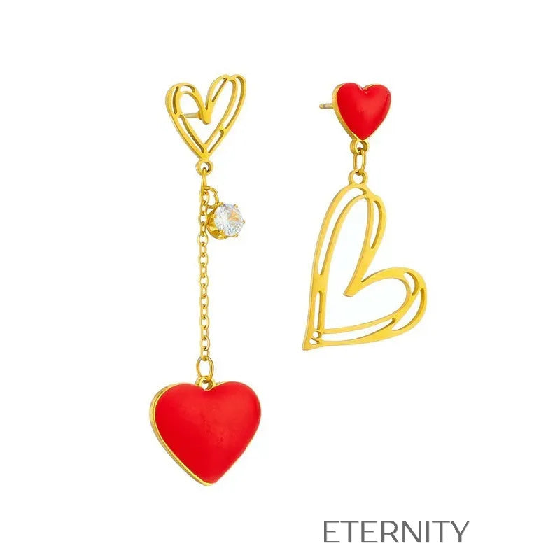 Zarcillos Asimétricos de Corazón en Oro y Esmalte Rojo  Zarcillos Dorado Unica Acero Inoxidable  ETERNITY