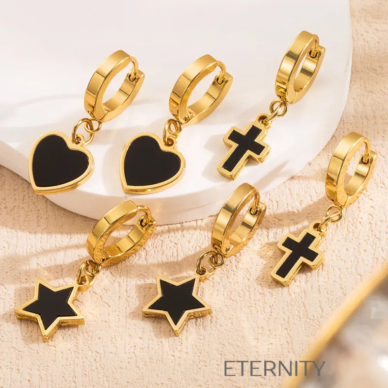 Zarcillos Midnight Charm con Dijes de Esmalte Negro  Zarcillos Dorado Unica Acero Inoxidable  ETERNITY