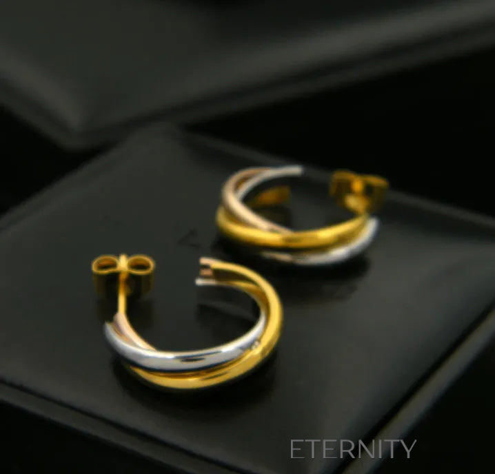 Zarcillos de Aro Trinity Fusion con Diseño de Bandas Entrelazadas Tricolor  Zarcillos Dorado Unica Acero Inoxidable  ETERNITY
