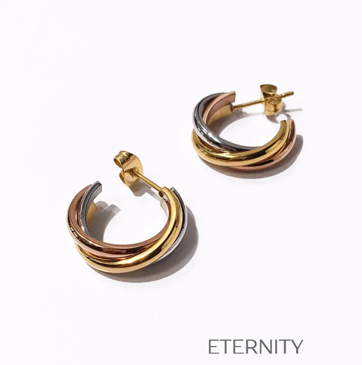 Zarcillos de Aro Trinity Fusion con Diseño de Bandas Entrelazadas Tricolor  Zarcillos Dorado Unica Acero Inoxidable  ETERNITY