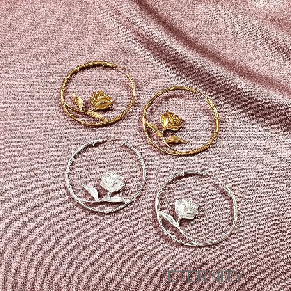 Zarcillos de Aro Ethereal Rose con Diseño Botánico y Silueta de Rosa  Zarcillos Dorado Unica Acero Inoxidable  ETERNITY