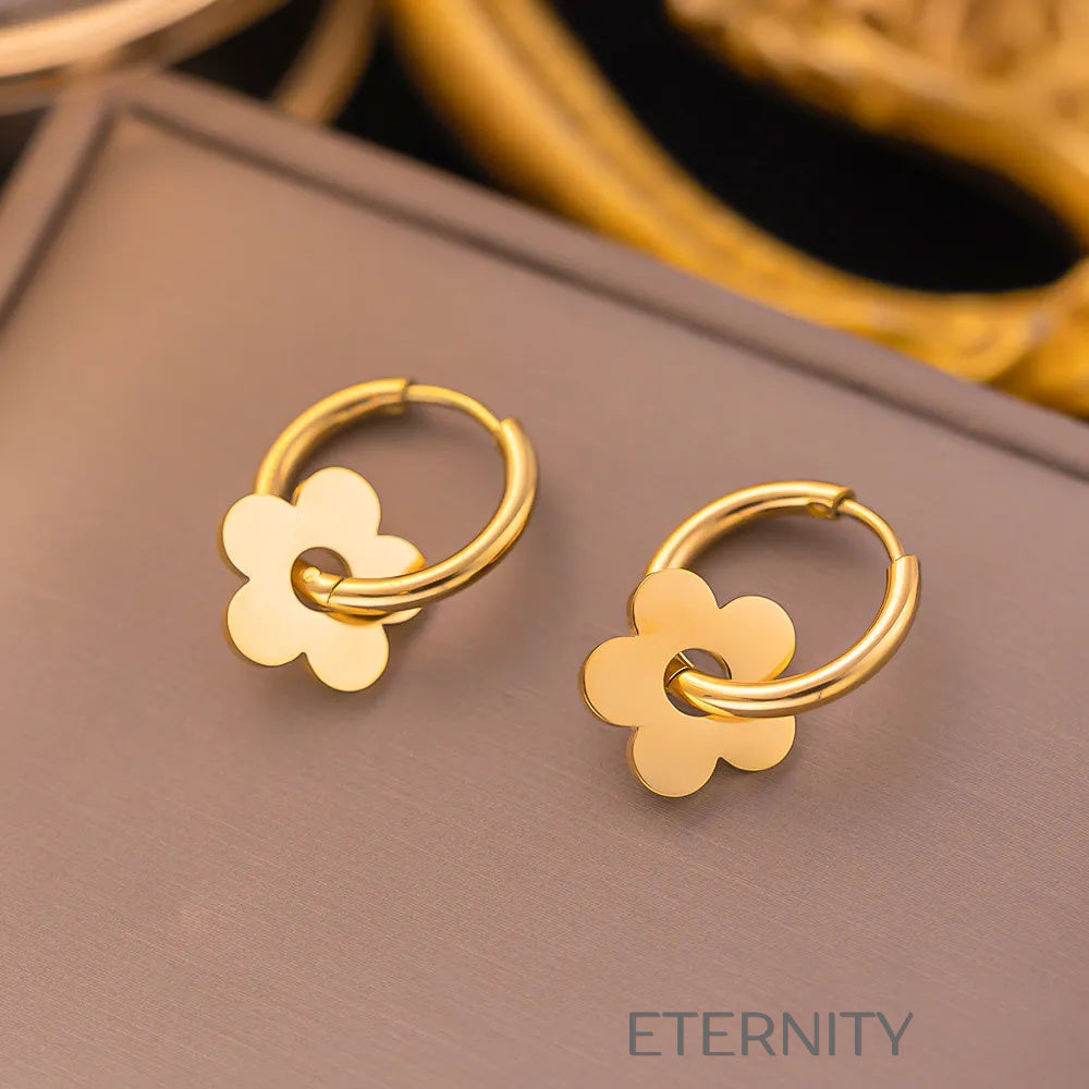 Mini Argollas con Dije de Flor en Oro y Plata  Zarcillos Dorado Unica Acero Inoxidable  ETERNITY