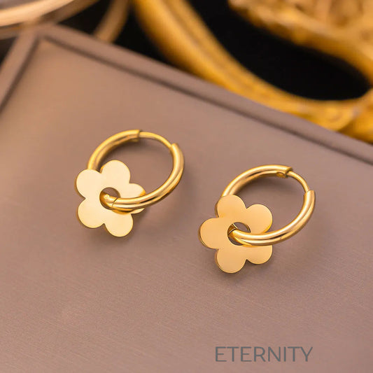 Mini Argollas con Dije de Flor en Oro y Plata  Zarcillos Dorado Unica Acero Inoxidable  ETERNITY