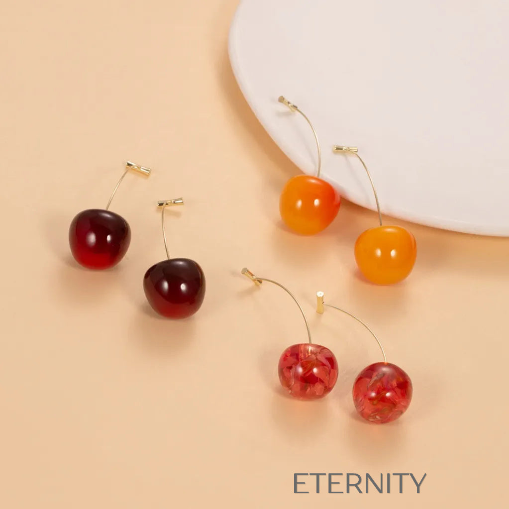 Zarcillos Cherry Blossom de Fruta en Resina Traslúcida  Zarcillos Rojo Unica Acero Inoxidable  ETERNITY