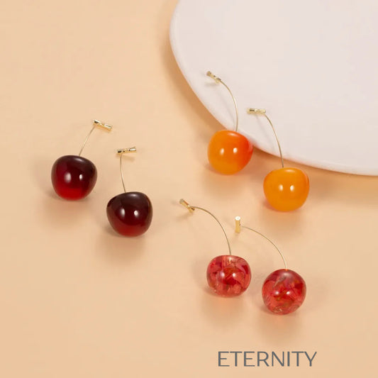 Zarcillos Cherry Blossom de Fruta en Resina Traslúcida  Zarcillos Rojo Unica Acero Inoxidable  ETERNITY