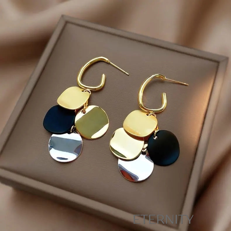 Zarcillos Colgantes Modern Muse con Discos Multitono Gold Silver y Black  Zarcillos Dorado Unica Acero Inoxidable  ETERNITY